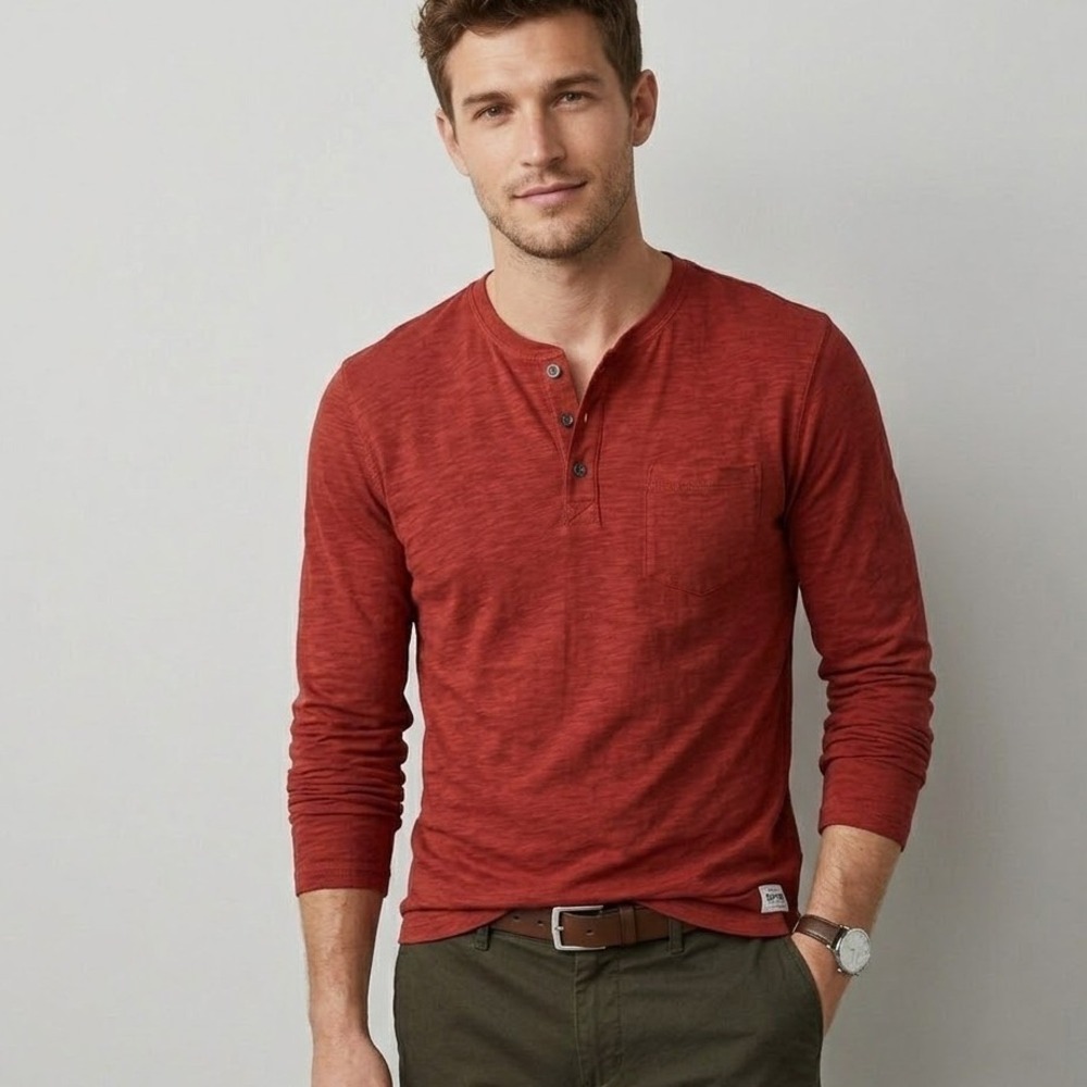 Express Garment Dyed Long Sleeve Slub Henley Shirt Rust Orange Men's Large L